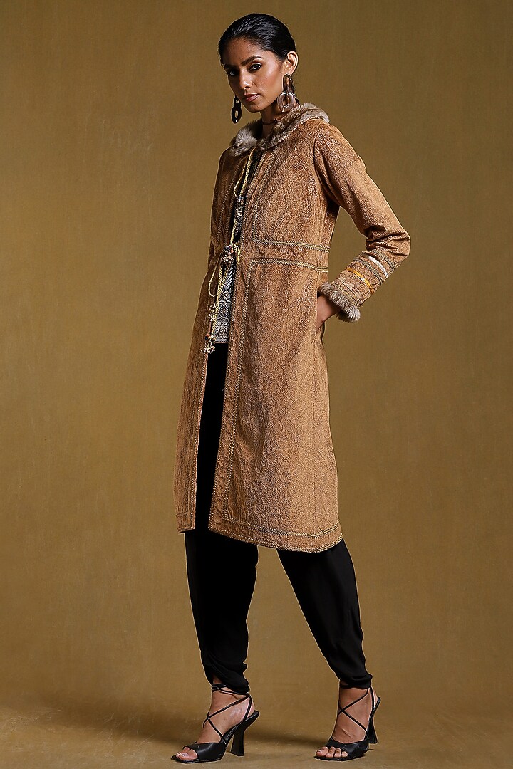 Brown Fur Embroidered Long Jacket by Ritu Kumar at Pernia's Pop Up Shop