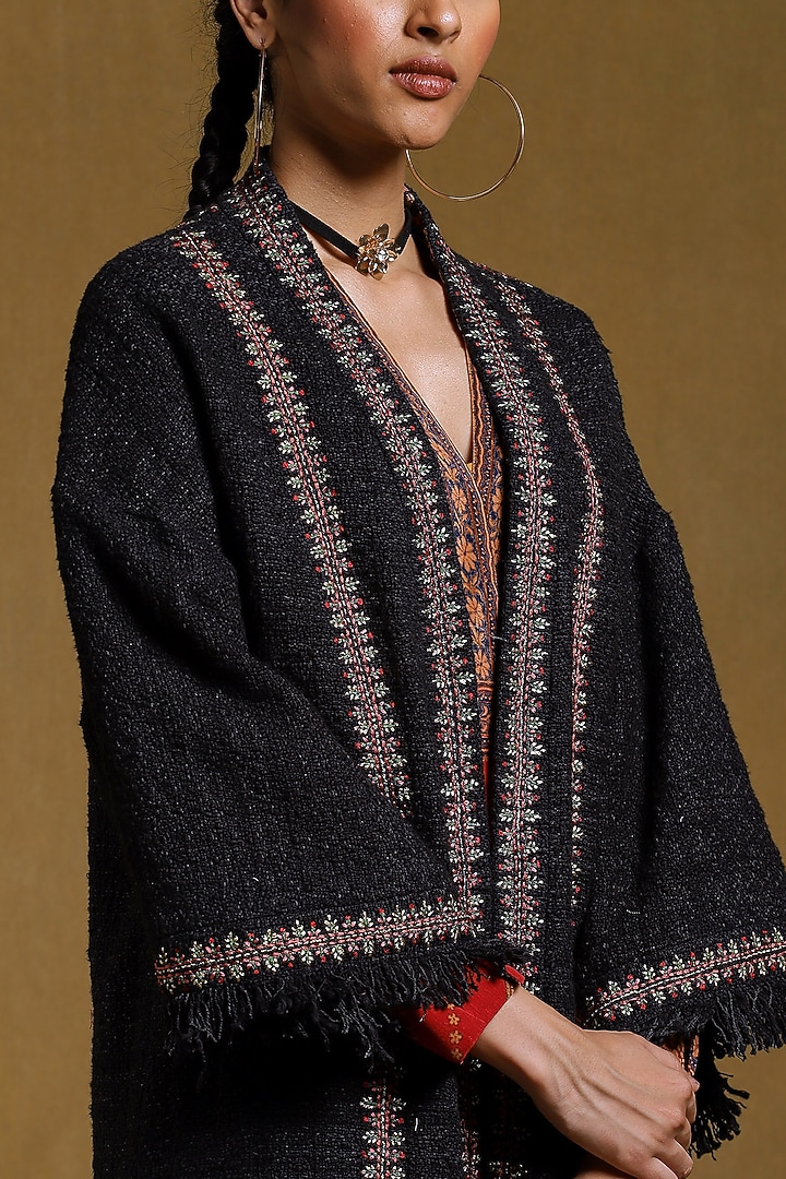 Black Cotton Embroidered Shrug by Ritu Kumar at Pernia's Pop Up Shop