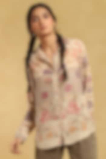 Ecru Viscose & Rayon Crepe Floral Printed Shirt by Ritu Kumar at Pernia's Pop Up Shop