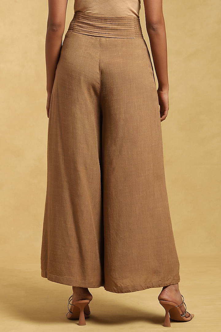 Brown Cotton Linen Flared Palazzo Pants by Ritu Kumar at Pernia's Pop Up Shop