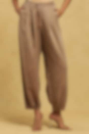 Brown Cotton Viscose Twill Tapered Pants by Ritu Kumar