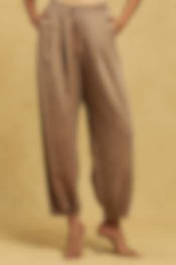 Brown Cotton Viscose Twill Tapered Pants by Ritu Kumar at Pernia's Pop Up Shop