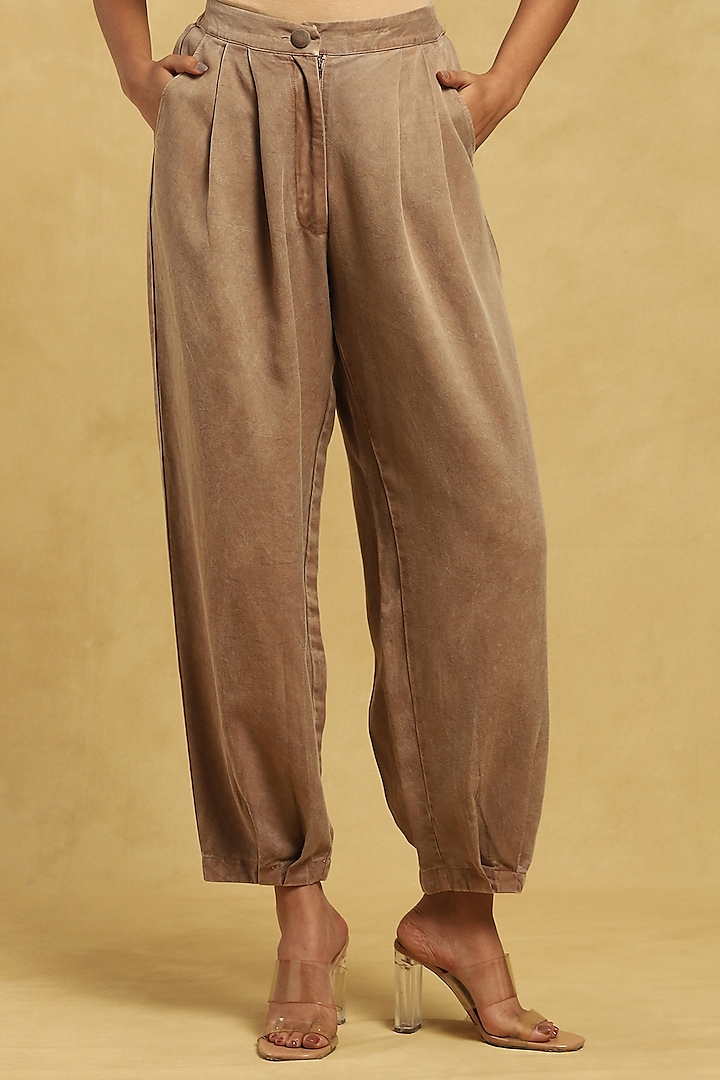 Brown Cotton Viscose Twill Tapered Pants by Ritu Kumar at Pernia's Pop Up Shop