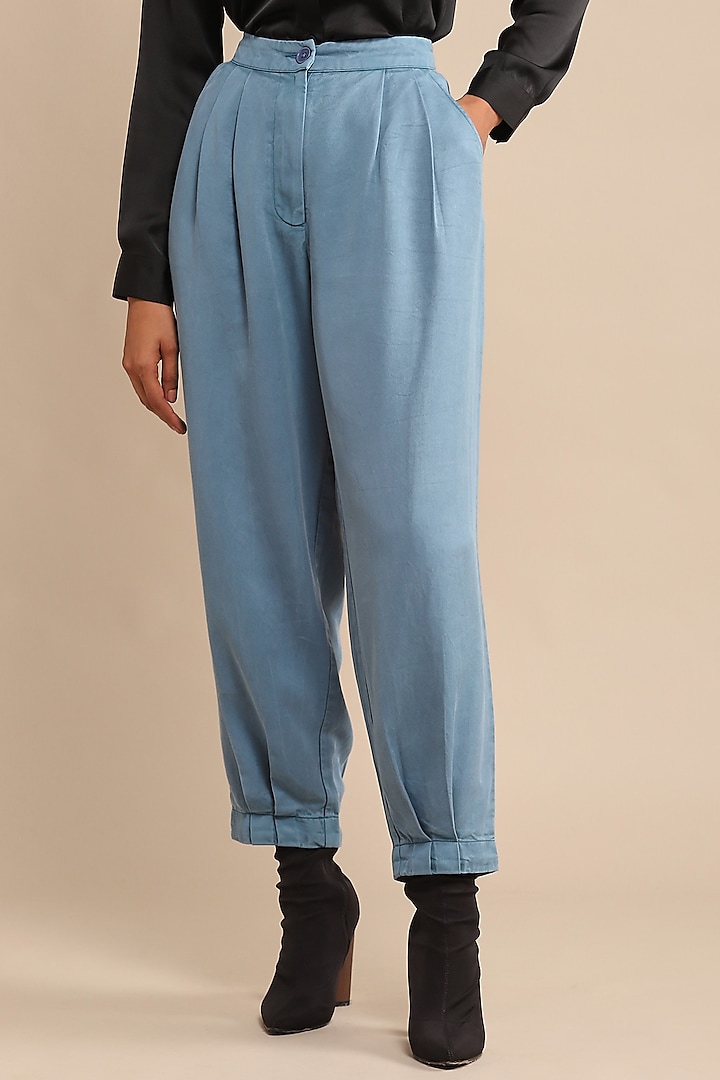 Indigo Blue Viscose Twill Tapered Pants by Ritu Kumar