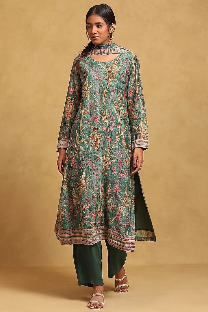 Green Cotton Silk Botanical Printed Kurta Set by Ritu Kumar at Pernia's Pop Up Shop