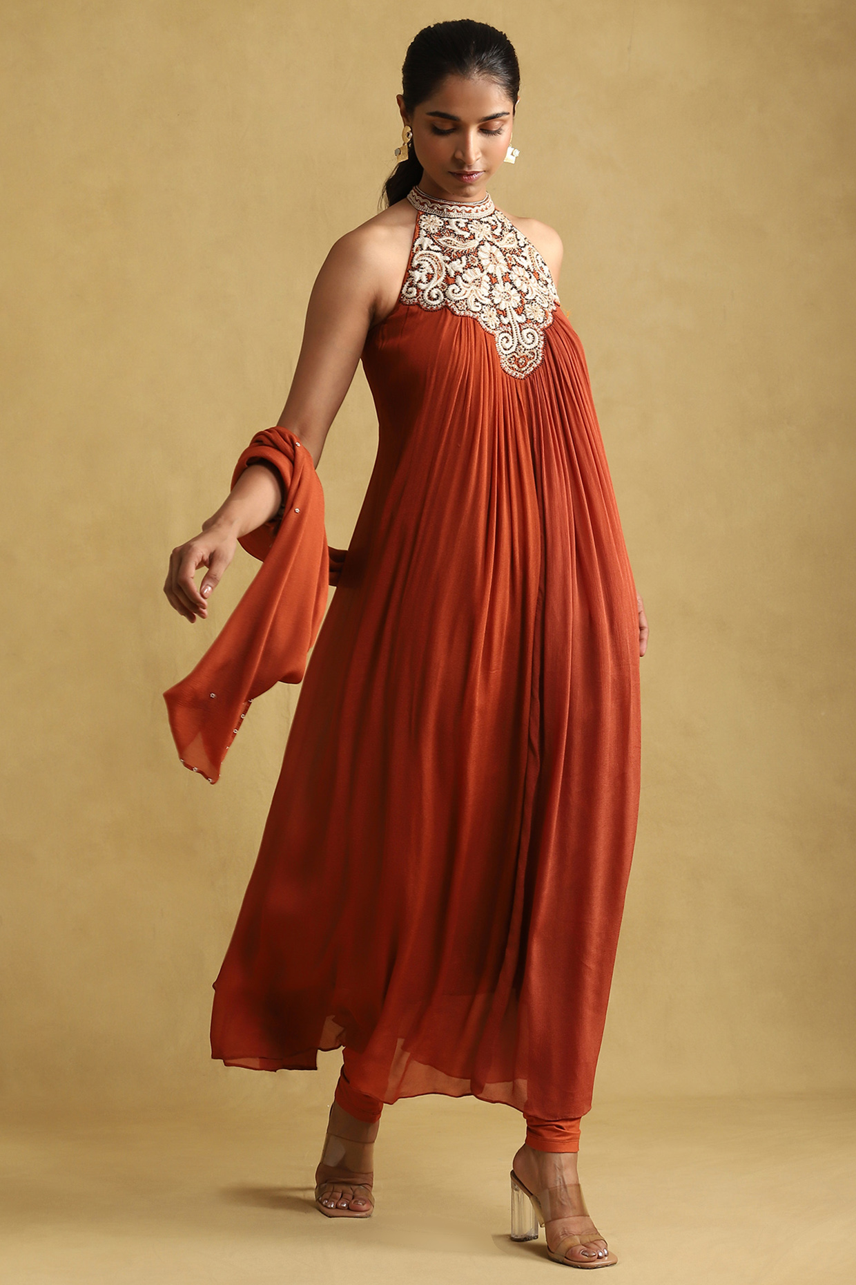 Rust Viscose Chinon Embroidered Kurta Set by Ritu Kumar at Pernia's Pop Up Shop