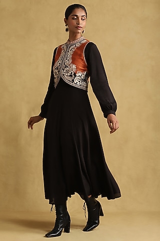 Black Viscose Silk Dress With Embroidered Gilet by Ritu Kumar
