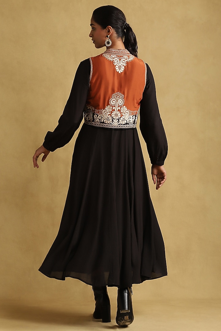 Black Viscose Silk Vacation Dress With Embroidered Gilet by Ritu Kumar at Pernia's Pop Up Shop