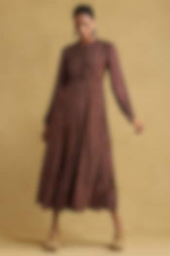 Burgundy Viscose Silk Printed Dress by Ritu Kumar