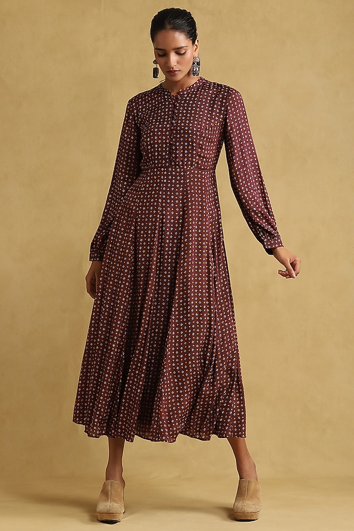 Burgundy Viscose Silk Printed Dress by Ritu Kumar