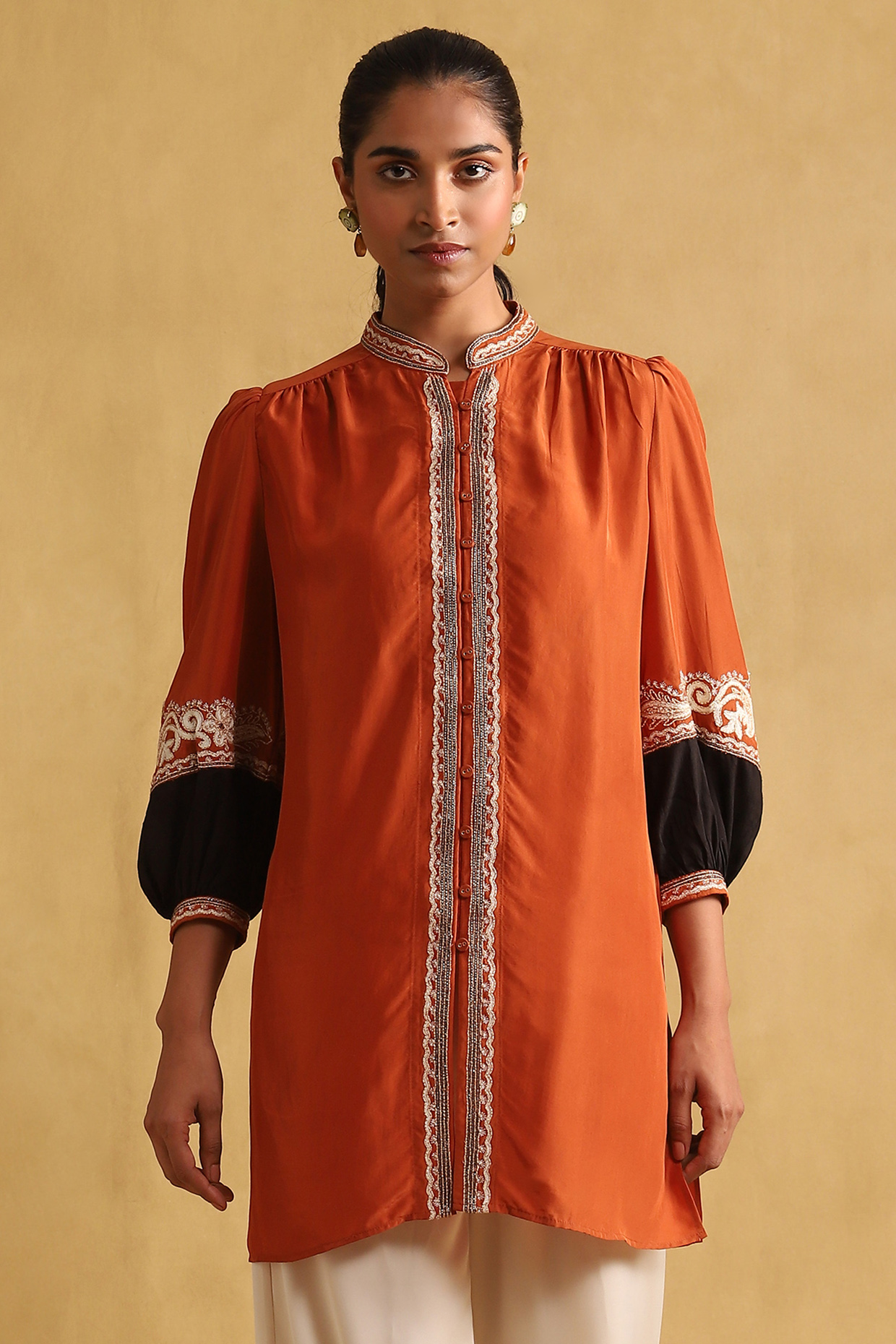 Rust Viscose Crepe Embroidered Shirt by Ritu Kumar at Pernia's Pop Up Shop