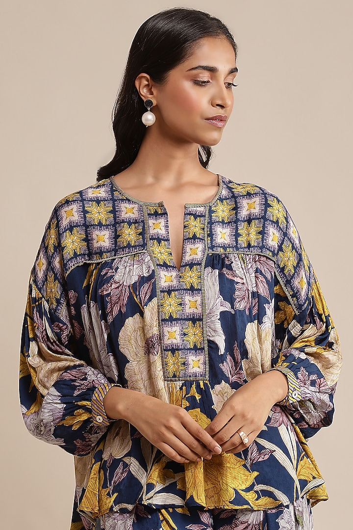 Blue Viscose Dobby Floral Printed Co-Ord Set by Ritu Kumar at Pernia's Pop Up Shop
