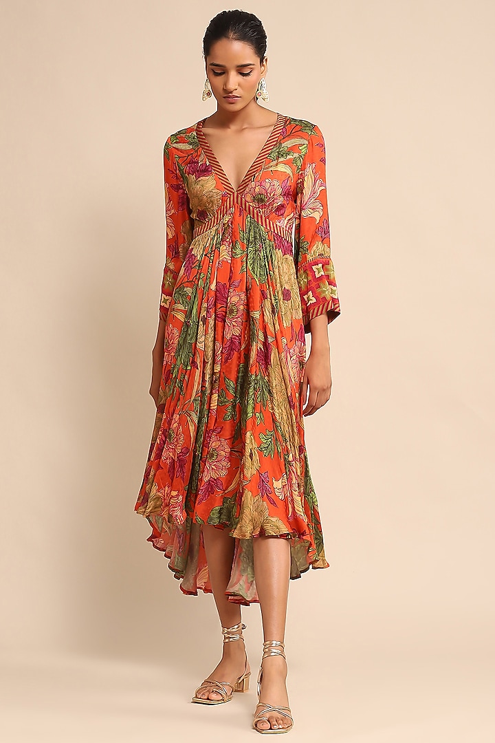 Orange Viscose Dobby Floral Printed Dress by Ritu Kumar