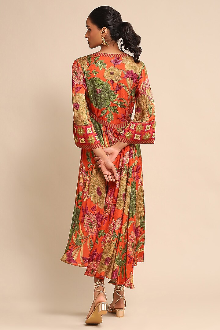 Orange Viscose Dobby Floral Printed Summer Dress by Ritu Kumar at Pernia's Pop Up Shop