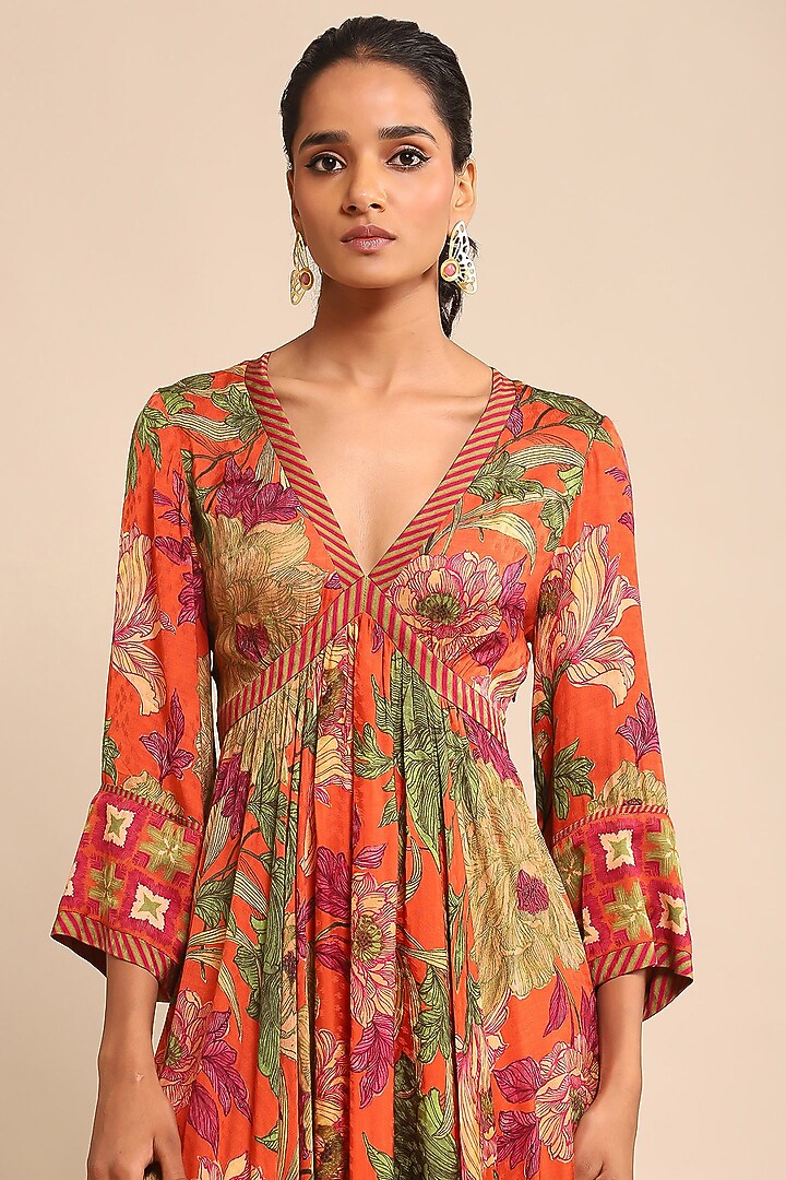 Orange Viscose Dobby Floral Printed Summer Dress by Ritu Kumar at Pernia's Pop Up Shop