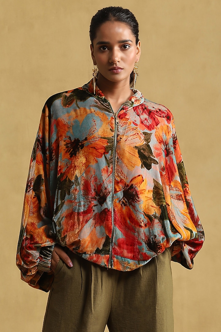 Blue Silk Velvet Floral Printed Jacket by Ritu Kumar at Pernia's Pop Up Shop