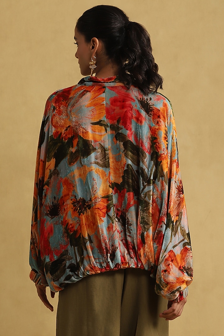 Blue Silk Velvet Floral Printed Jacket by Ritu Kumar at Pernia's Pop Up Shop