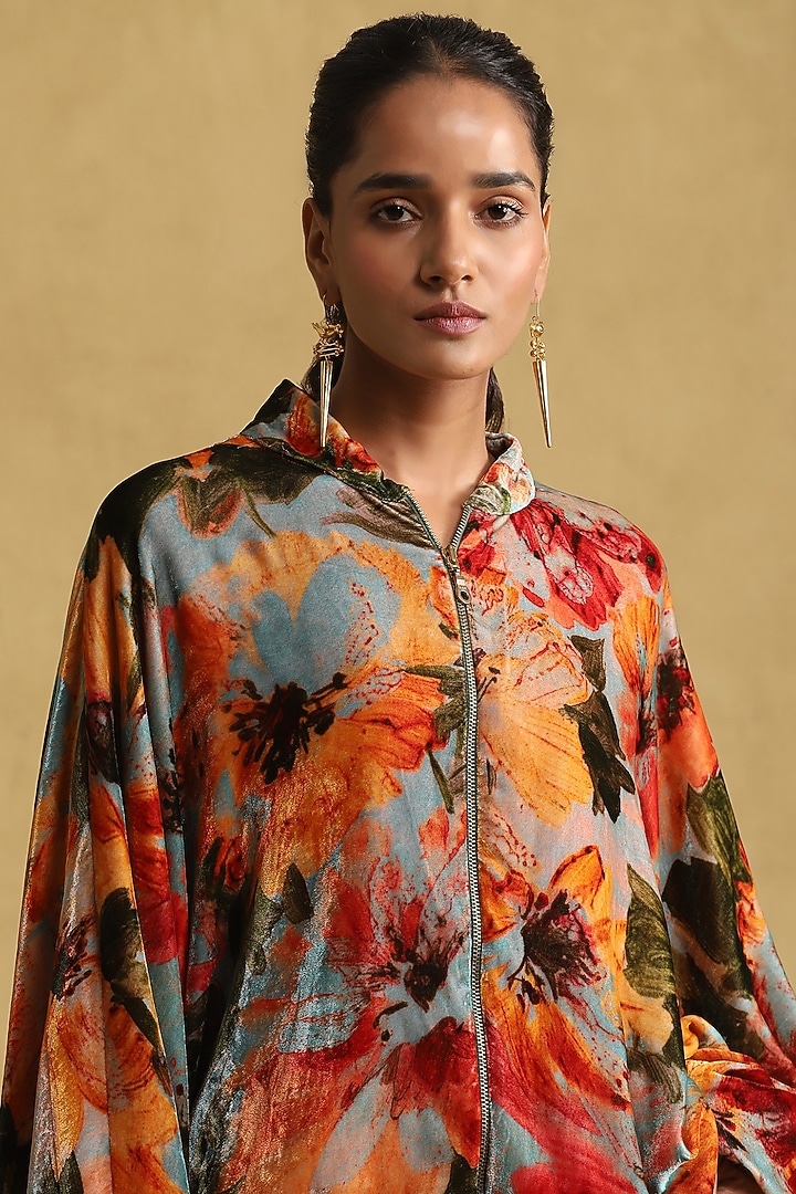 Blue Silk Velvet Floral Printed Jacket by Ritu Kumar at Pernia's Pop Up Shop