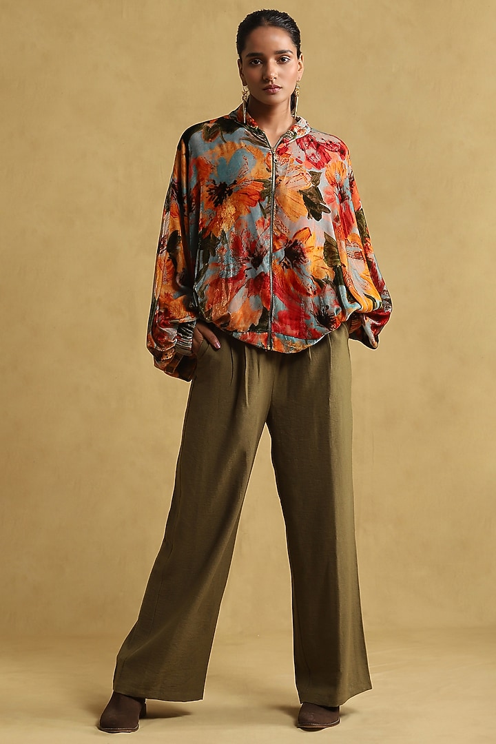 Blue Silk Velvet Floral Printed Jacket by Ritu Kumar at Pernia's Pop Up Shop