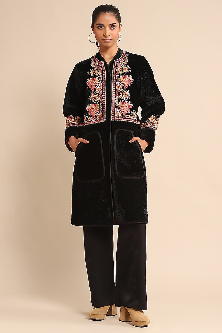 Black Silk Velvet Embroidered Jacket by Ritu Kumar at Pernia's Pop Up Shop