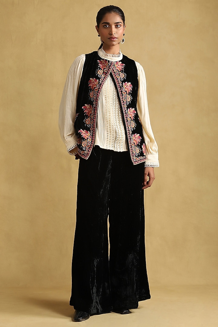 Black Silk Velvet Embroidered Waistcoat Set by Ritu Kumar
