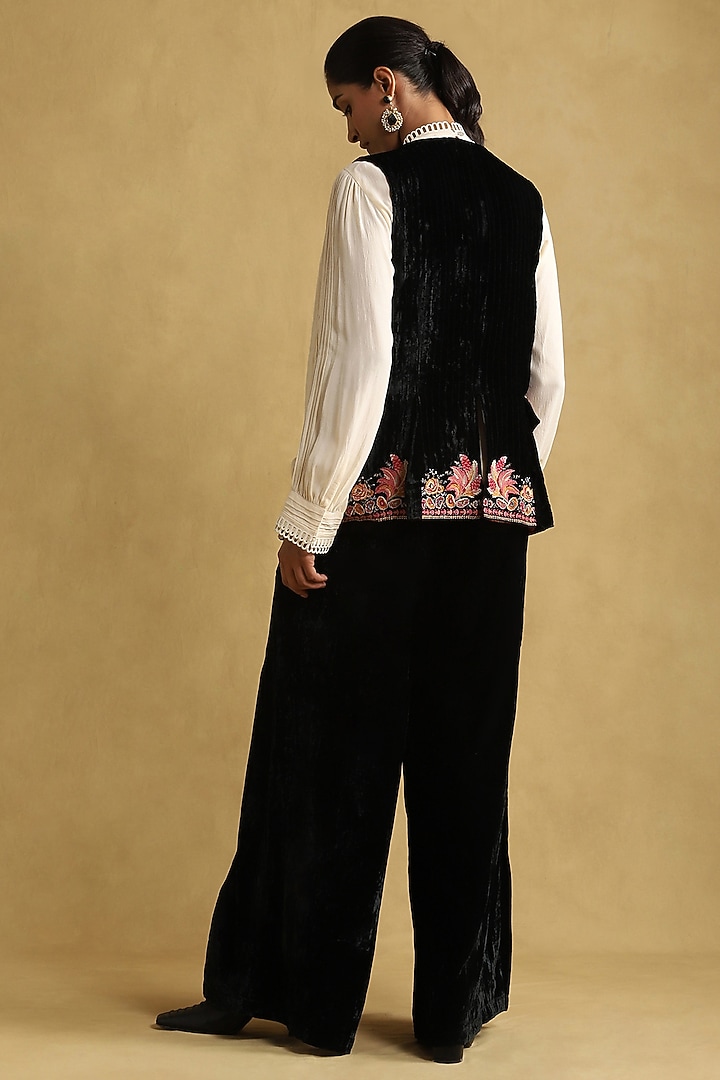 Black Silk Velvet Embroidered Waistcoat Set by Ritu Kumar at Pernia's Pop Up Shop