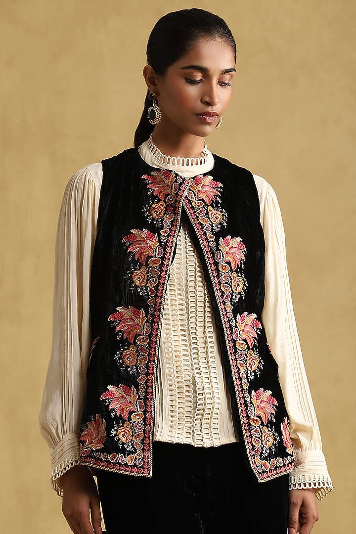 Black Silk Velvet Embroidered Waistcoat Set by Ritu Kumar at Pernia's Pop Up Shop