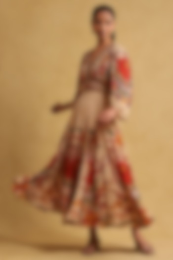 Beige Viscose Crepe Floral Printed Dress by Ritu Kumar