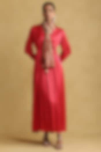 Red Viscose Satin Chiffon Summer Dress With Scarf by Ritu Kumar at Pernia's Pop Up Shop
