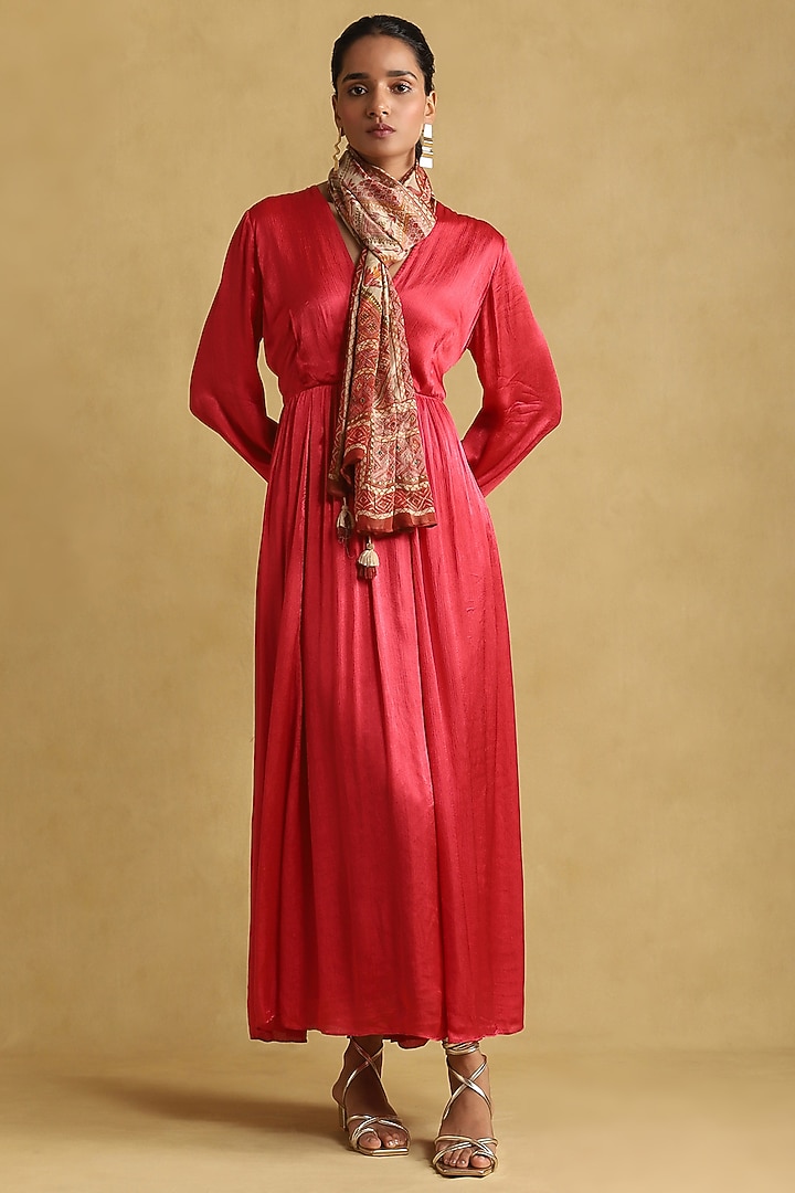 Red Viscose Satin Chiffon Summer Dress With Scarf by Ritu Kumar at Pernia's Pop Up Shop