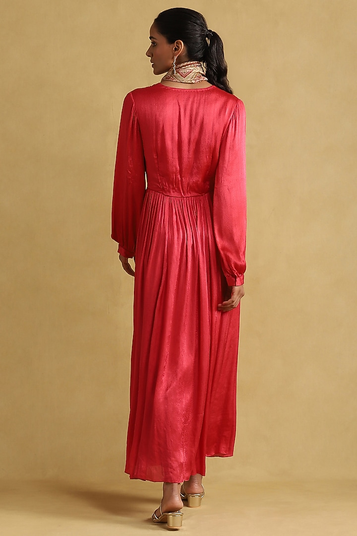 Red Viscose Satin Chiffon Summer Dress With Scarf by Ritu Kumar at Pernia's Pop Up Shop