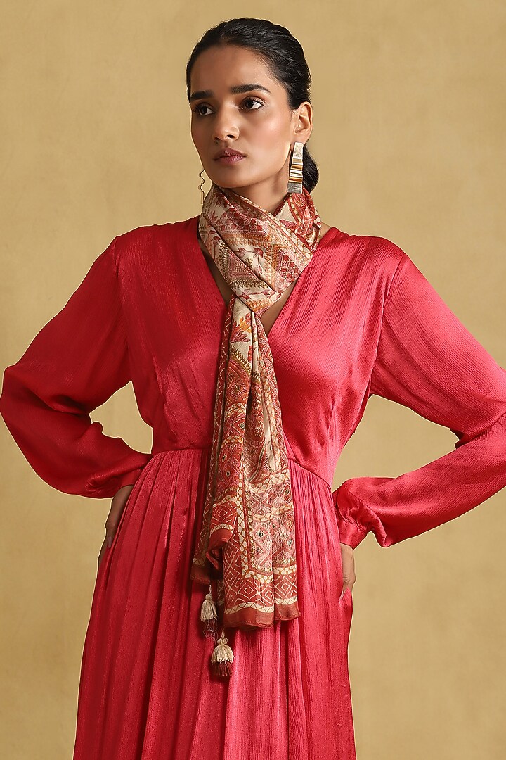 Red Viscose Satin Chiffon Summer Dress With Scarf by Ritu Kumar at Pernia's Pop Up Shop