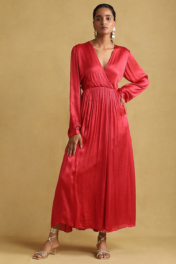 Red Viscose Satin Chiffon Summer Dress With Scarf by Ritu Kumar at Pernia's Pop Up Shop