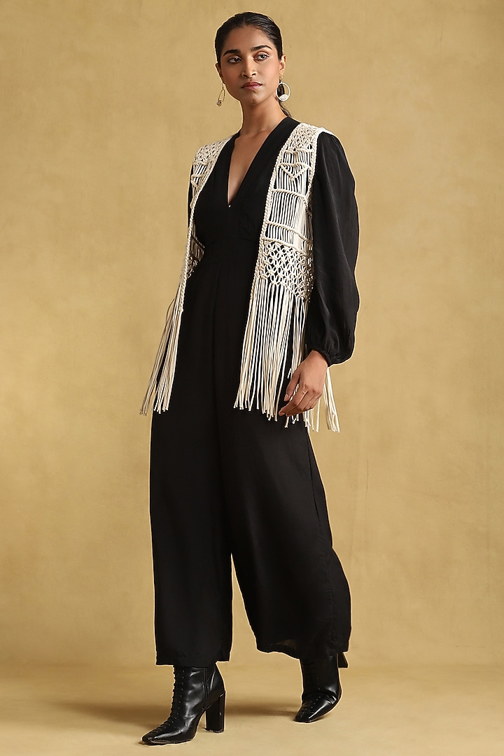 White Jersey Macrame Shrug by Ritu Kumar at Pernia's Pop Up Shop