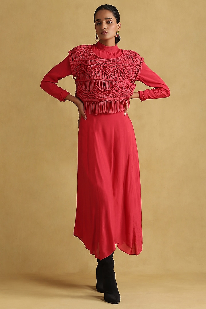 Fuchsia Viscose Silk Dress With Macrame Top by Ritu Kumar
