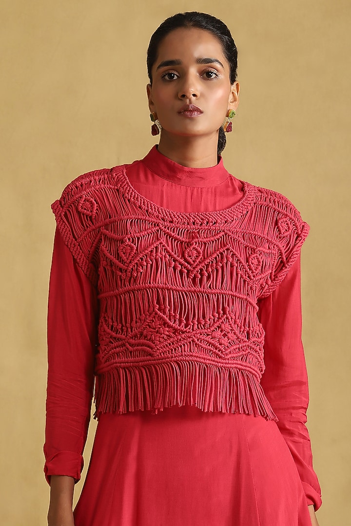 Fuchsia Viscose Silk Vacation Dress With Macrame Top by Ritu Kumar at Pernia's Pop Up Shop