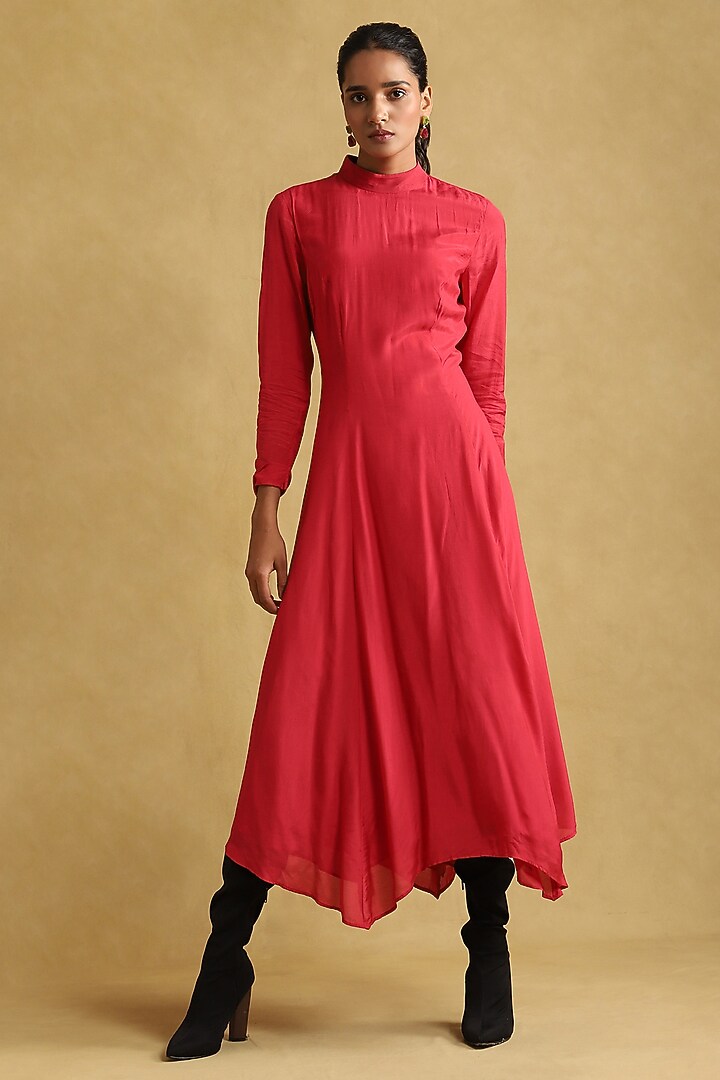 Fuchsia Viscose Silk Vacation Dress With Macrame Top by Ritu Kumar at Pernia's Pop Up Shop
