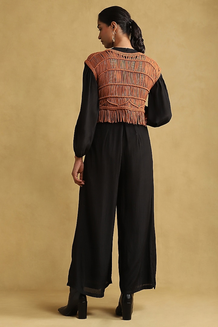 Black Viscose Silk Jumpsuit With Macrame Top by Ritu Kumar at Pernia's Pop Up Shop