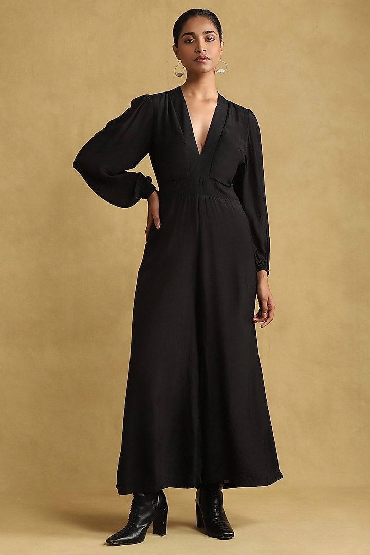 Black Viscose Silk Jumpsuit With Macrame Top by Ritu Kumar at Pernia's Pop Up Shop