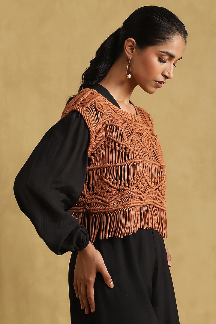 Black Viscose Silk Jumpsuit With Macrame Top by Ritu Kumar at Pernia's Pop Up Shop