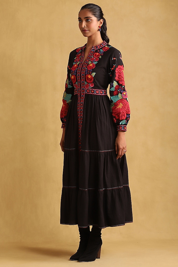 Black Cotton Flex Floral Printed Dress by Ritu Kumar