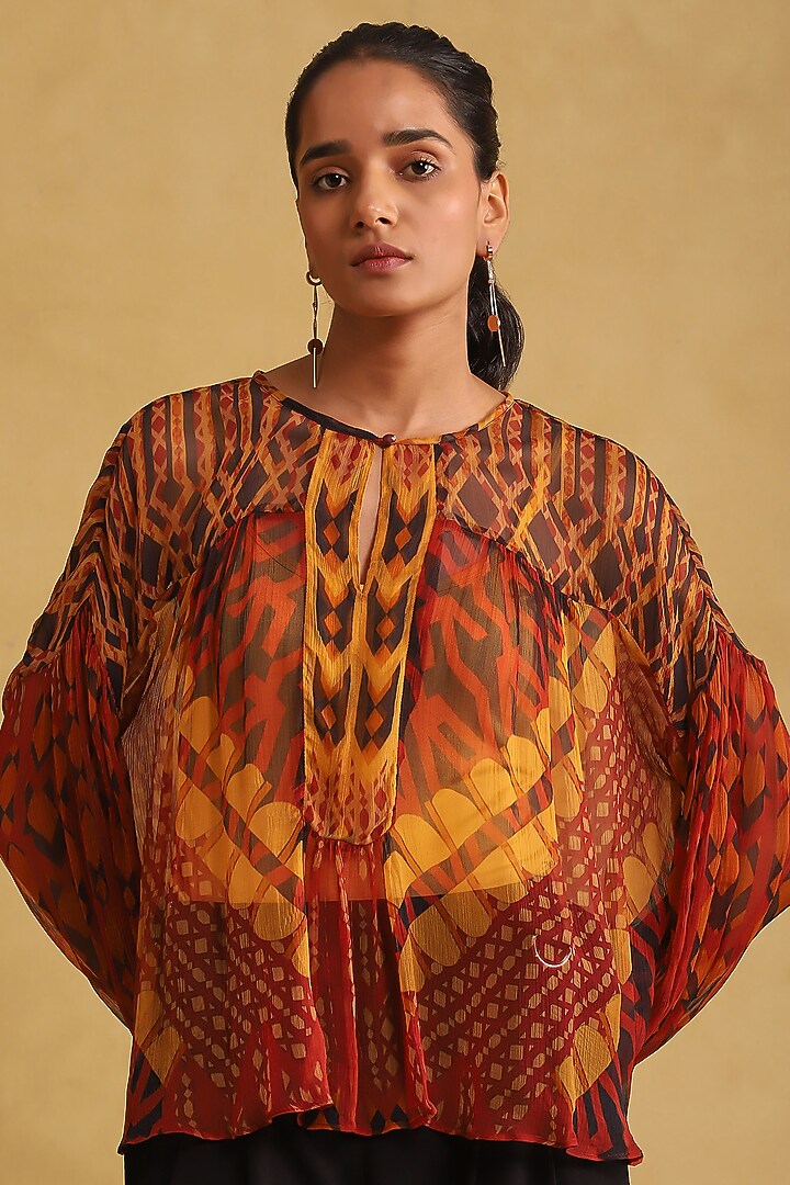 Rust Viscose Chinon Printed Top by Ritu Kumar at Pernia's Pop Up Shop