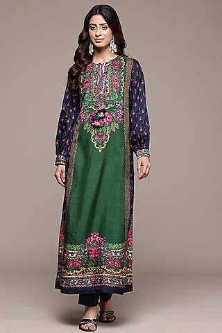 Green Viscose Dupion Floral Printed Kurta Set by Ritu Kumar