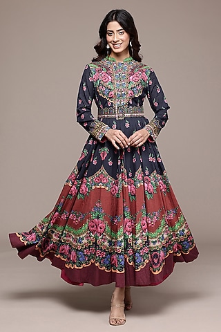 Black Cotton Slub Floral Printed Flared Dress by Ritu Kumar
