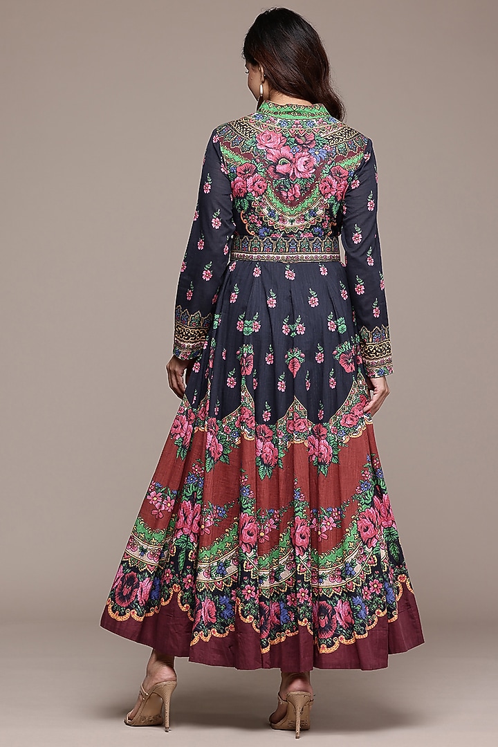 Black Cotton Slub Floral Printed Flared Summer Dress by Ritu Kumar at Pernia's Pop Up Shop