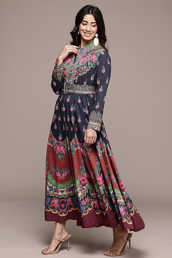 Black Cotton Slub Floral Printed Flared Summer Dress by Ritu Kumar at Pernia's Pop Up Shop