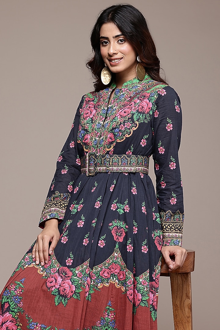 Black Cotton Slub Floral Printed Flared Summer Dress by Ritu Kumar at Pernia's Pop Up Shop