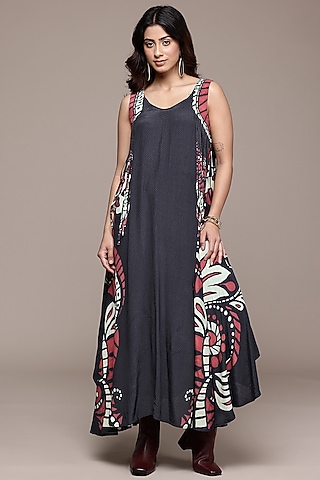 Black Vintage Crepe Abstract Printed A-Line Dress by Ritu Kumar
