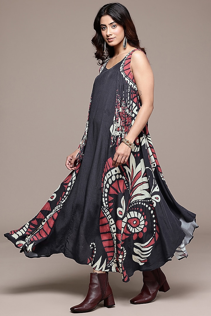 Black Vintage Crepe Abstract Printed A-Line Summer Dress by Ritu Kumar at Pernia's Pop Up Shop