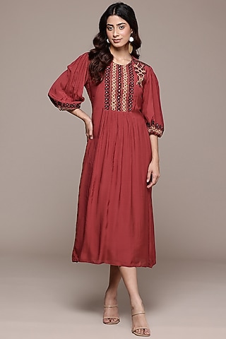 Red Viscose Silk Flared Midi Dress by Ritu Kumar